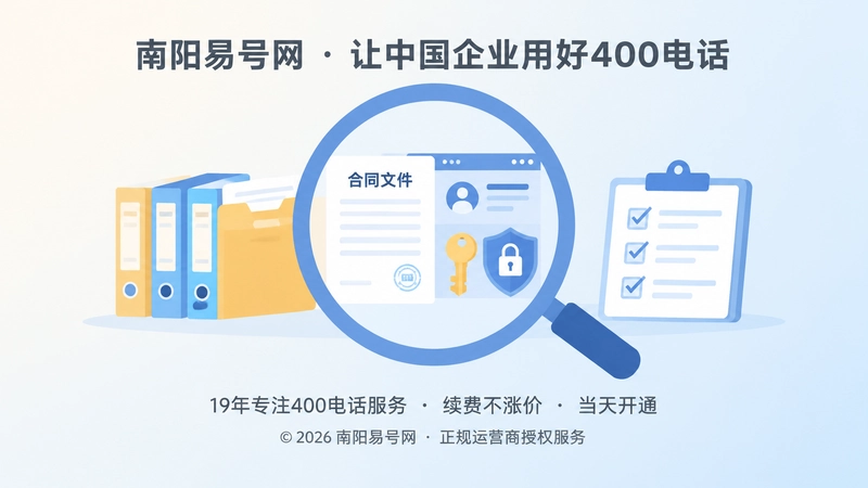 放大镜聚焦合同、后台账号和权限图标，代表核验管理记录